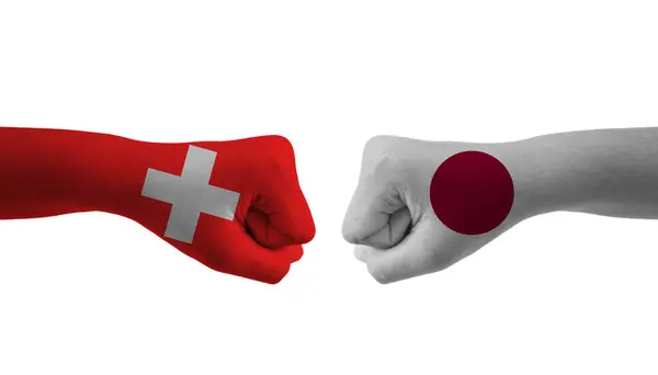 Japón Suiza Mano Bandera Hombre Manos Modelado Fútbol Copa Del —  Fotos de Stock