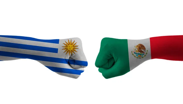Meksyk Uruguay Ręka Flaga Człowiek Ręce Wzorzyste Piłki Nożnej Puchar — Zdjęcie stockowe