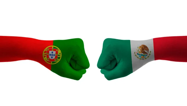 Mexiko Gegen Portugal Handfahne Mann Hände Gemustert Fußball — Stockfoto