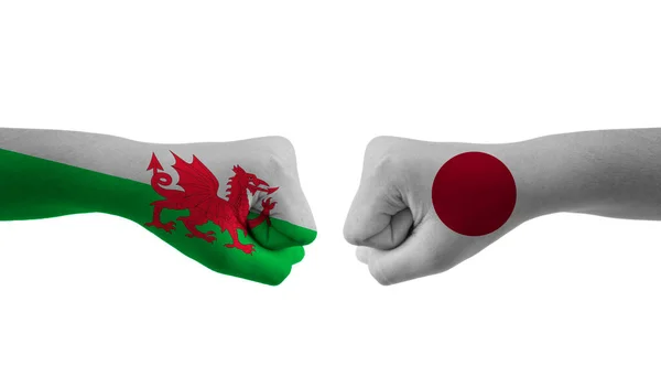 Japan Wales Hand Vlag Man Handen Patroon Voetbal Wereldbeker — Stockfoto