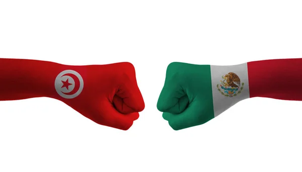 墨西哥对突尼斯手旗男子手按图案设计的世界杯足球赛 — 图库照片