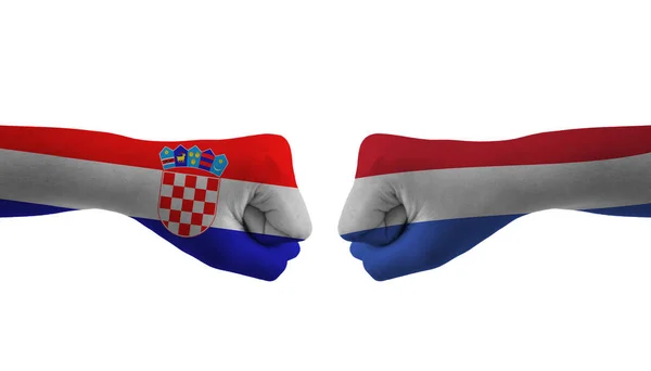 Ολλανδία Κροατία Χέρι Σημαία Άνθρωπος Χέρια Μοτίβο Ποδόσφαιρο Παγκόσμιο Κύπελλο — Φωτογραφία Αρχείου