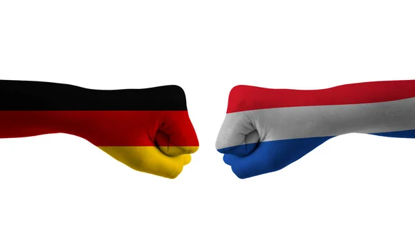 Nizozemsko Německo Ruční Vlajka Muž Ruce Vzorované Fotbalové Mistrovství Světa — Stock fotografie