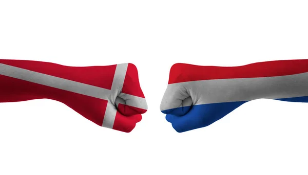Países Bajos Dinamarca Mano Bandera Hombre Manos Modelado Fútbol Copa —  Fotos de Stock