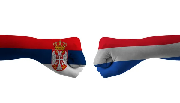 Nizozemsko Srbsko Ruční Vlajka Muž Ruce Vzorované Fotbalové Mistrovství Světa — Stock fotografie