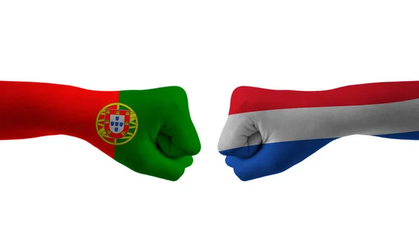Nederländerna Portugal Hand Flagga Man Händer Mönstrad Fotboll — Stockfoto