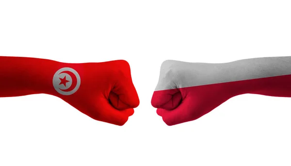 Poland Tunisia Hand Flag Man Hands Patilned Football Cup — стокове фото
