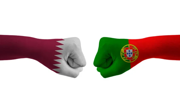 Portugal Qatar Hand Flagga Man Händer Mönstrad Fotboll — Stockfoto