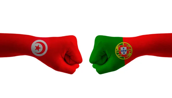 Portugal Tunisien Hand Flagga Man Händer Mönstrad Fotboll — Stockfoto
