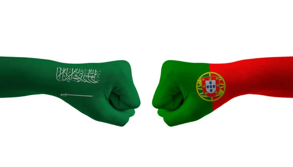 Portugal Saudi Arabia Handflagga Man Händer Mönstrad Fotboll — Stockfoto
