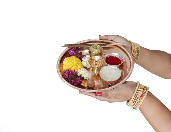 Pooja Thali Woman Hand Holding Decorated Thali Decorated Pooja Thali Стокове Фото