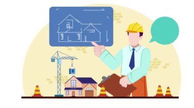 Animasyon ve beyaz arkaplanlı İnşaat Alanının Önündeki Kağıt Planına Bakan Mühendis