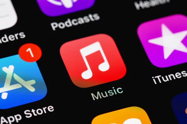 Apple Music Ikona Aplikacji Mobilnej Ekranie Iphone Smartphone Zbliżenie Apple — Zdjęcie stockowe