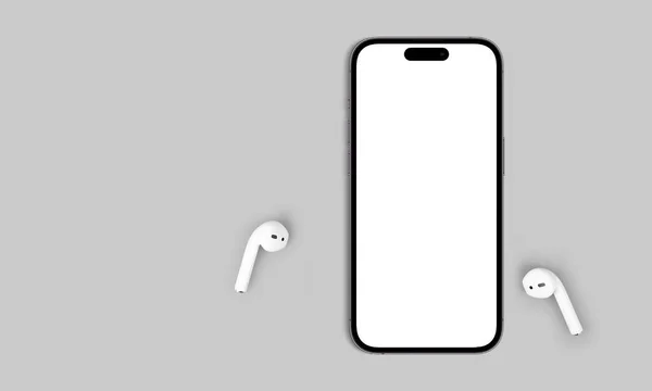 Mockup Smartphone Iphone Pro Max Λευκή Κενή Οθόνη Και Ακουστικά — Φωτογραφία Αρχείου