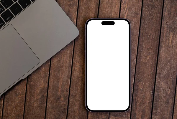Makieta Smartfon Iphone Pro Max Białym Ekranem Notebooka Klawiatury Drewnianym — Zdjęcie stockowe