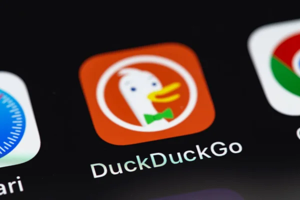 Stock image DuckDuckGo icon app on the screen smartphone iPhone closeup. DuckDuckGo is a search engine. Batumi, Georgia - March 1, 2023