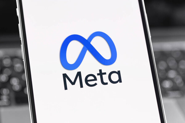 Meta logo on the screen smartphone, iPhone closeup. Meta Platforms, Inc. - American multinational holding company. Batumi, Georgia - March 3, 2023