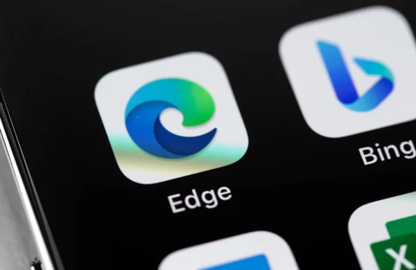 Microsoft Edge Und Bing Symbol Mobile App Auf Dem Bildschirm — Stockfoto