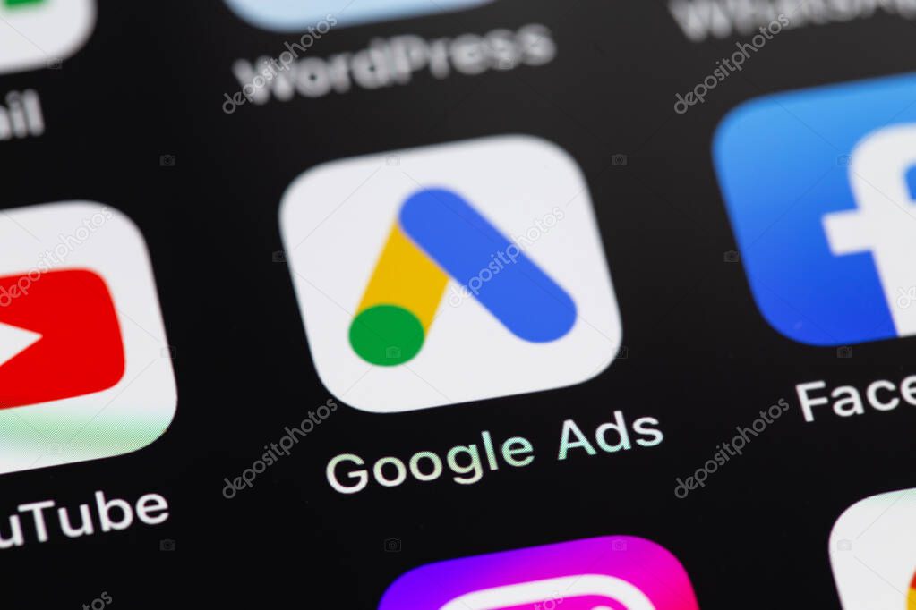 Google Ads mobile icon app on the screen smartphone iPhone closeup. Ads is a service of contextual, basically, search advertising from Google. Batumi, Georgia - March 1, 2023