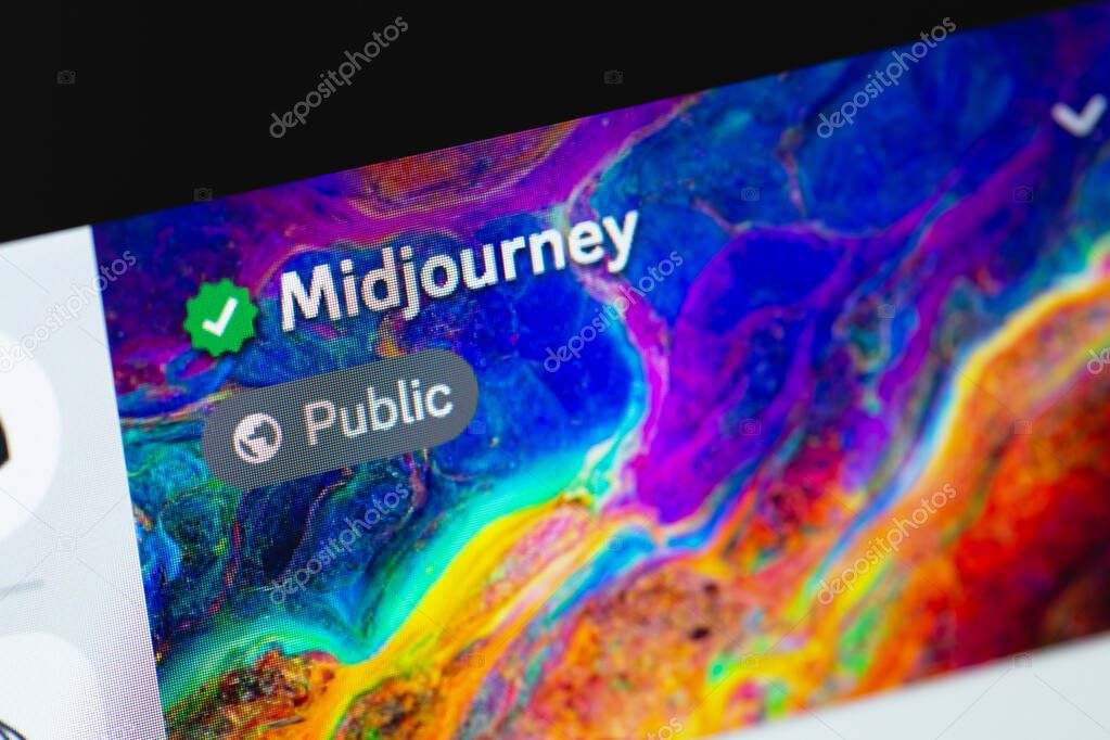 Midjourney official server, public on the display notebook closeup. Midjourney is a research company and its eponymous artificial intelligence software. Batumi, Georgia - April 12, 2023