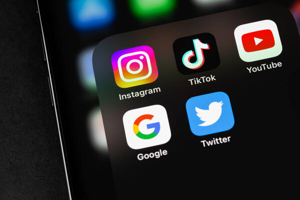Instagram, TikTok, YouTube, Google, Twitter - mobile apps on the screen smartphone iPhone closeup. Batumi, Georgia - April 12, 2023
