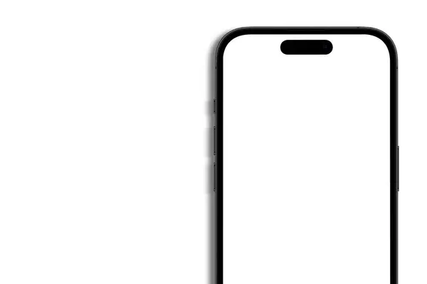 白い背景の空白の白いスクリーンが付いている半分のスマートフォンのIphoneのモックアップのクローズアップ ビュー Appleは多国籍テクノロジー企業である ジョージア州バトゥミ 2023年4月18日 — ストック写真