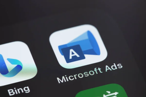 Microsoft Ads (Advertising) app on the screen smartphone closeup. Microsoft Advertising is a service that provides pay-per-click advertising like Bing. Batumi, Georgia - April 24, 202