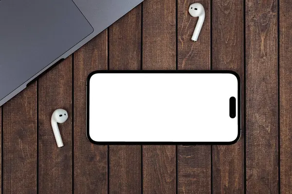 Mockup Horizontální Smartphone Iphone Pro Max Prázdnou Průhlednou Obrazovkou Dřevěném — Stock fotografie