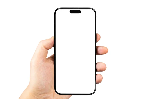 stock image mockup hand holding smartphone iPhone with blank white screen isolated on a white background. Apple is a multinational technology company. Batumi, Georgia - October 28, 2023