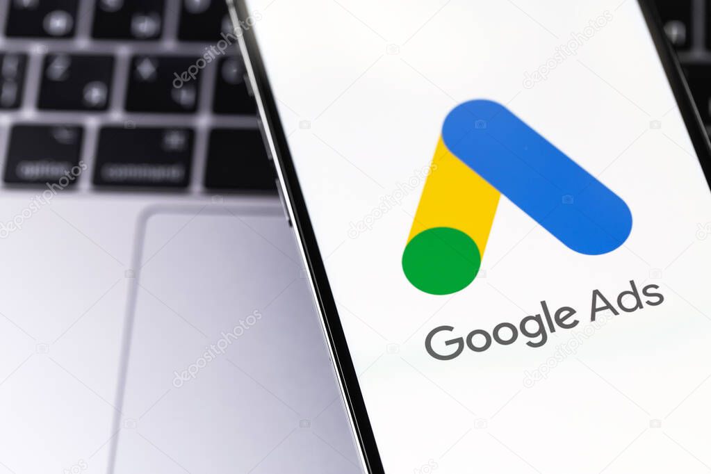 Google Ads logo mobile app on a screen smartphone iPhone closeup. Ads is a service of contextual, basically, search advertising from Google. Batumi, Georgia - October 11, 2023