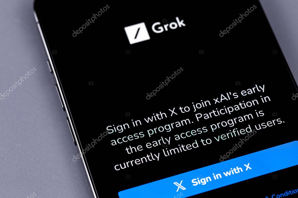 XAI Grok chatbot logo on a screen closeup smartphone. Grok (Grok xAI)  is a new chatbot for X platform, created by Elon Musk. Batumi, Georgia - November 5, 2023