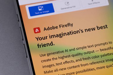 Adobe Firefly on a screen smartphone. Adobe Firefly, a product of Adobe Creative Cloud, is a generative machine learning model used in the design field. Batumi, Georgia - November 10, 2023 clipart