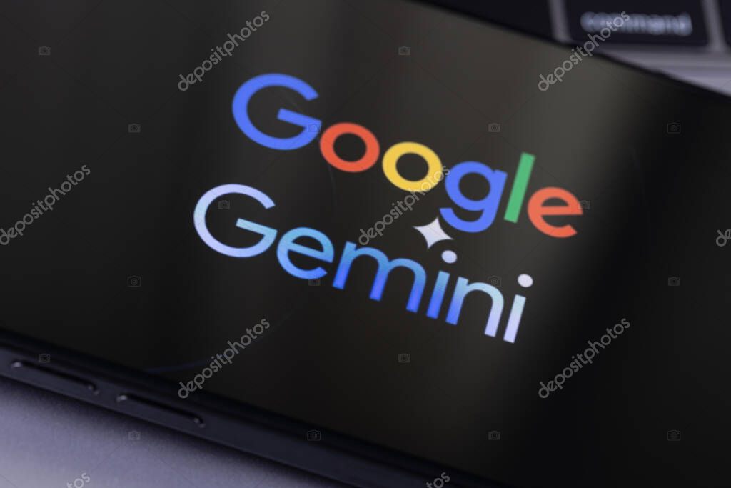 Google Gemini AI logo on a display smartphone closeup. Google announced Gemini, a large language model developed by subsidiary Google DeepMind. Batumi, Georgia - February 11, 2024