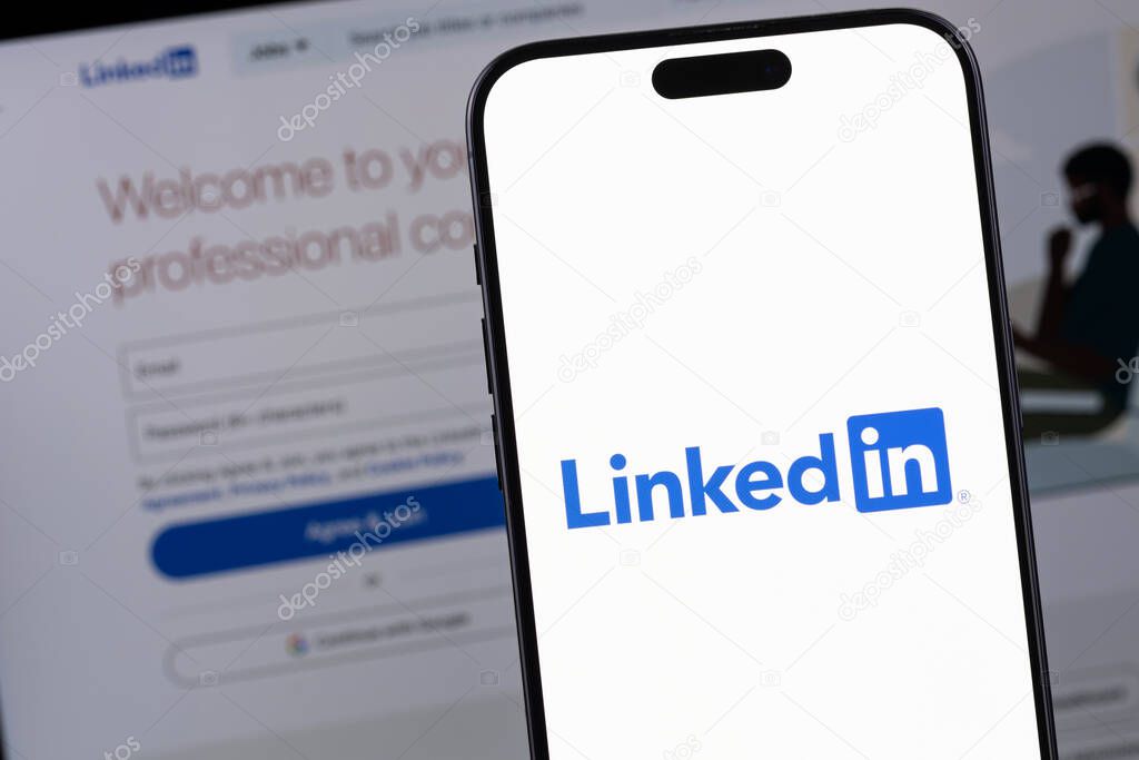 LinkedIn logo mobile app on a screen smartphone iPhone. LinkedIn is a social network for finding and establishing business contacts. Batumi, Georgia - February 11, 2024