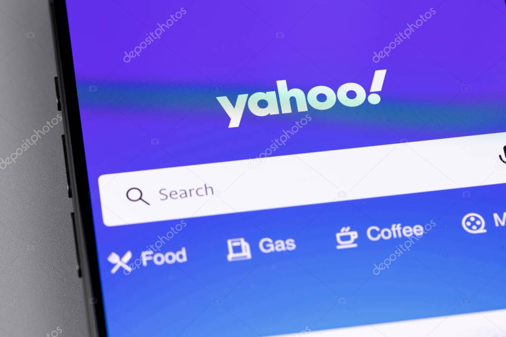 Yahoo Search mobile app on a screen smartphone. Yahoo is tech company, leader in search engine service and information technology web portals. Batumi, Georgia - December 15, 2023
