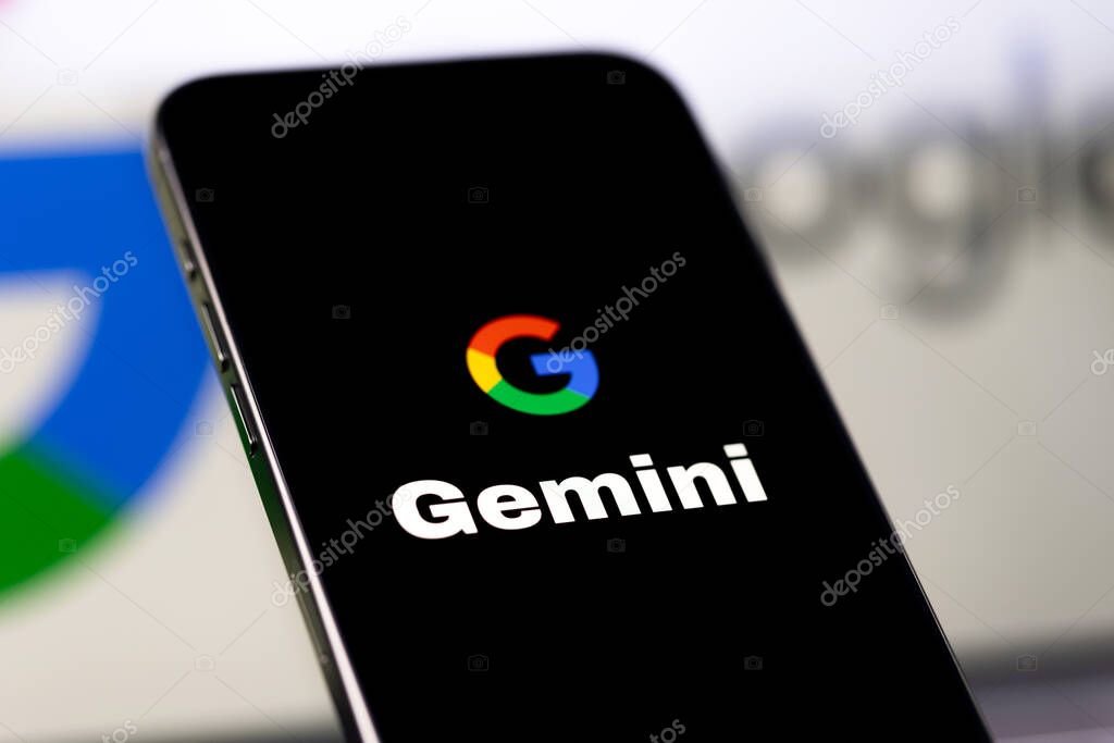 Google Gemini AI logo on a screen smartphone. Google announced Gemini, a large language model developed by subsidiary Google DeepMind. Batumi, Georgia - November 9, 2023