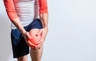 Knee osteoarthritis medical problem. Unrecognizable person with knee pain, Person with knee pain isolated. Man suffering knee muscle pain. People with osteoarthritis and knee pain isolated clipart