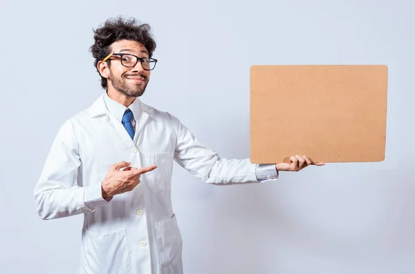 Scientist Showing Pointing Blank Clipboard Professor White Coat Holding Showing — Stock Photo, Image