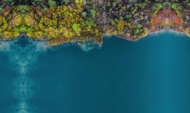 Sonbaharda göl kenarındaki sık ormanın havadan görünüşü. Mavi su.