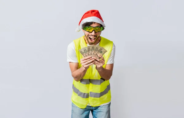 크리스마스 모자를 건축가가 달러를 고립된 표정을 있습니다 공휴일에 엔지니어 크리스마스 — 스톡 사진