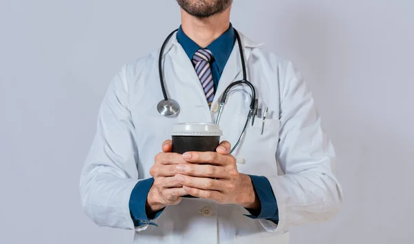 Young Doctor Holding Coffee Isolated Doctor Hands Holding Paper Coffee — Stock Photo, Image