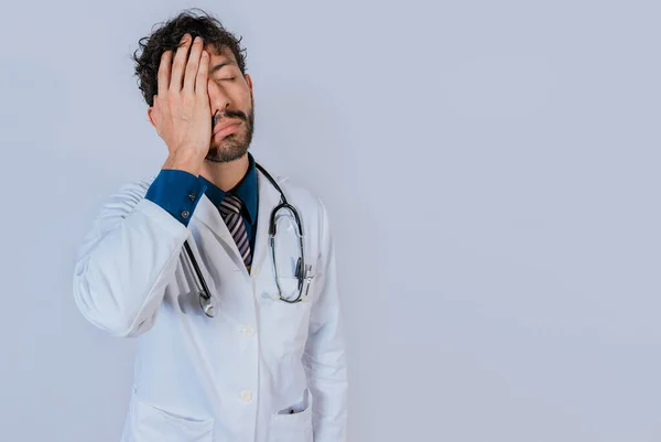 Exhausted Doctor Hand His Forehead Overworked Doctor Hand Forehead Isolated — Stock Photo, Image
