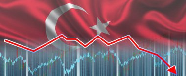 Türkiye bayrağında kırmızı okla durgunluk grafiği, enflasyon. Türk ekonomisinin çöküşü. Türkiye Ekonomisinin Düşüşü