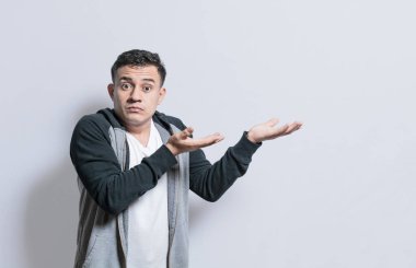 Person pointing palms to the side, Shocked people pointing both hands to the right, Shocked guy pointing his hands to the side of space