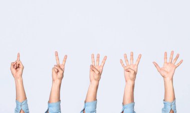 Hands counting countdown, arms counting the numbers, hand fingers counting one to five, numbers countdown