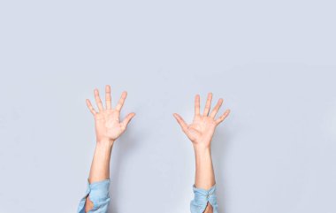 Man hands counting five, fingers counting five, hand fingers counting five on isolated background, countdown