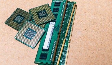 Processors and ram memories on isolated background, concept of ram memories and processors on isolated background, RAM memories with computer microprocessors isolated