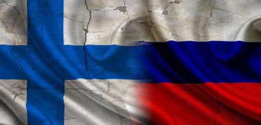 Flag of Russia vs Finland, concept of confrontation between Russia and Finland, cracked wall with flag of russia and finland, confrontation between russia vs finland