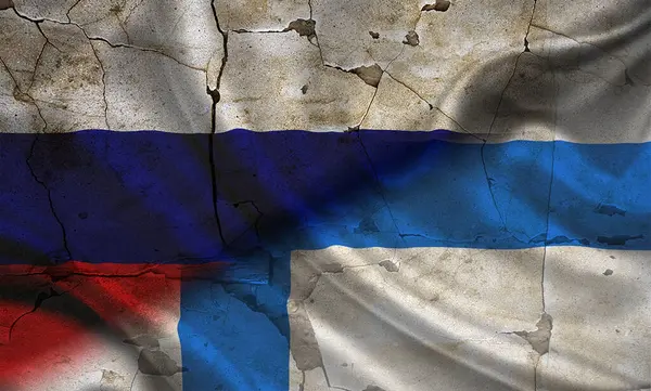 Stock image Concept of war between Russia and Finland, Russia vs Finland flag, cracked wall with russia and finland flag, confrontation between russia vs finland