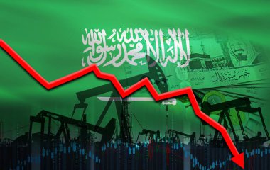 Finansal grafikte Suudi Arabistan bayrağı olan petrol krizi. Suudi Arabistan bayrağıyla petrol fiyatına düş